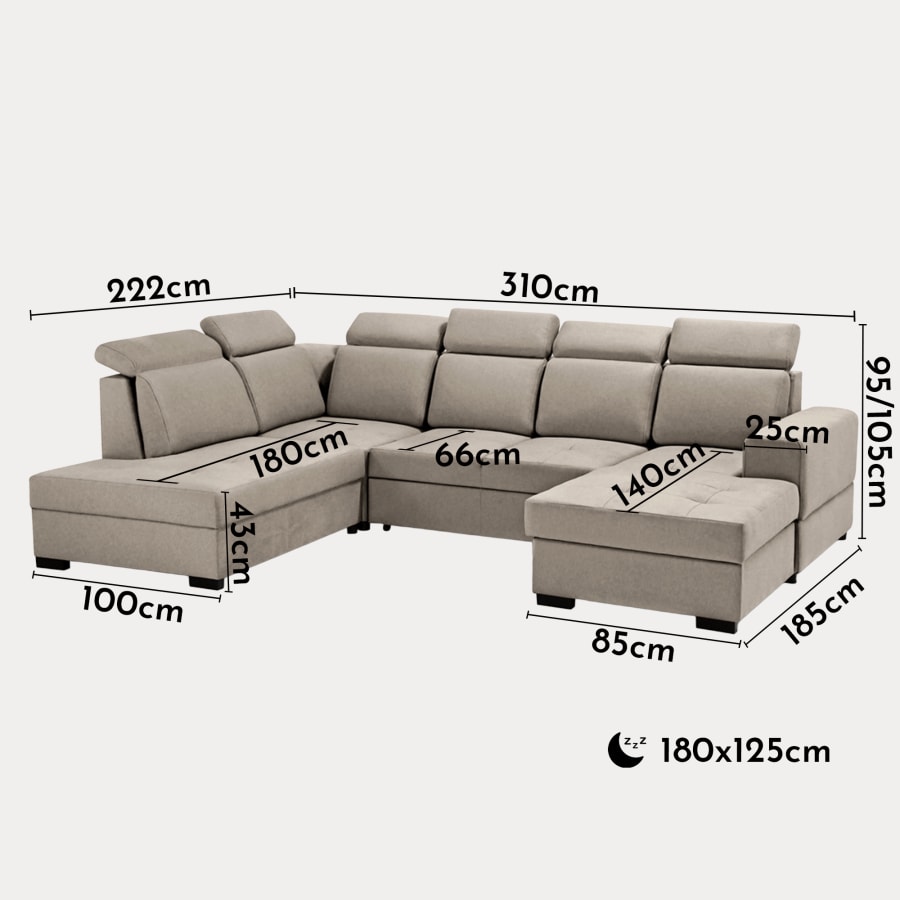 Canapé panoramique convertible avec coffre en tissu taupe - Angle droit